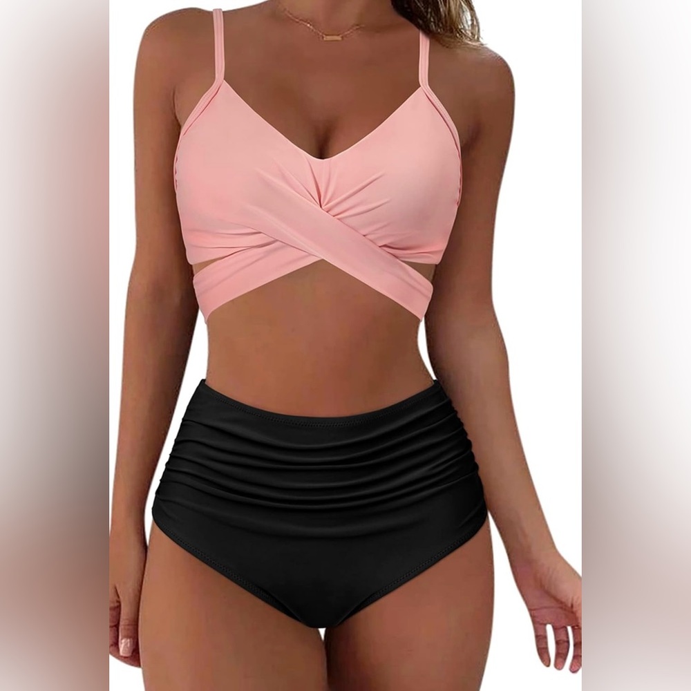 Women High Waisted Bikini SetTummy Control Swimsuits Push up Bathing Suit Peach